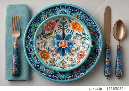 Top view. Bright silverware set. Fork, knife and spoon. Casual dining or lifestyle. Kitchenware and dining products. 133650824