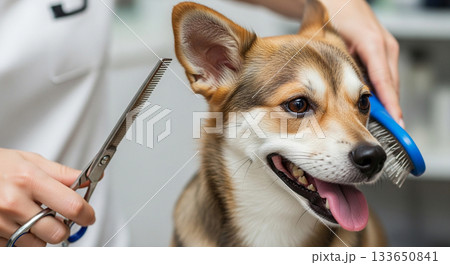 Close-up of a cute dog being groomed with scissors and brush in a modern pet salon 133650841