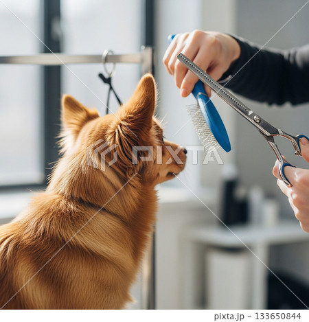 Close-up of a cute dog being groomed with scissors and brush in a modern pet salon 133650844