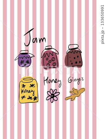 A beautiful, striped poster card for the kitchen or cafe with jars of jam, honey and ginger. Pink stripes, doodle style. A beautiful, striped poster card for the kitchen or cafe with jars of jam, honey and ginger. Pink stripes, doodle style. 133650991