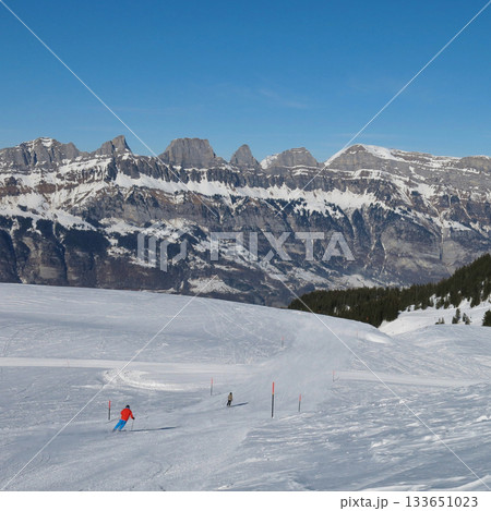 Ski slope and Churfirsten Range, view from Flumserberg, Switzerland. Ski slope and Churfirsten Range, view from Flumserberg, Switzerland. 133651023