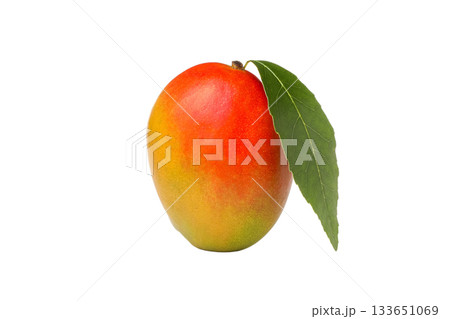 Colorful ripe mango with green leaf, isolated on white, PNG 133651069