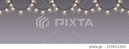 Christmas light garland seamless border on transparent background with light bulbs on the strings 133651265