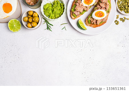 Tuna toast with boiled egg Tuna toast with boiled egg 133651361