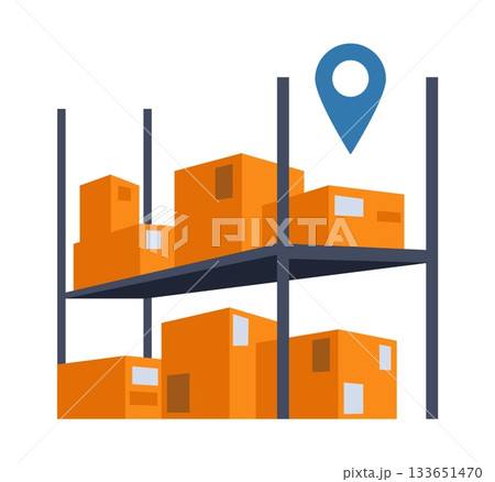 Export supply. Cargo delivery. Warehouse shelves with cardboard boxes. Location map pin. GPS tracking. Storage and distribution. Postal parcel crates at rack. Logistic support service. Vector concept Export supply. Cargo delivery. Warehouse shelves with cardboard boxes. Location map pin. GPS tracking. Storage and distribution. Postal parcel crates at rack. Logistic support service. Vector concept 133651470
