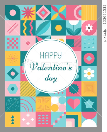 Happy valentine day. Abstract mosaic tiles with flowers and heart. Card and poster design. Celebration geometry banner. Flyer and greetings vertical template. Vector minimalistic creative illustration 133651533