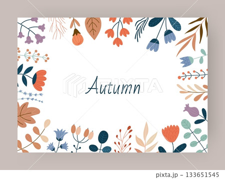 Autumn frame. Fall season background. Cute flowers and leaves on branches. Banner horizontal design with copy space for text. Decorative simple doodle elements. Vector cartoon isolated illustration Autumn frame. Fall season background. Cute flowers and leaves on branches. Banner horizontal design with copy space for text. Decorative simple doodle elements. Vector cartoon isolated illustration 133651545