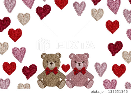 【仲良しテディベアとハートのフレーム】手刺繍イラスト素材 【仲良しテディベアとハートのフレーム】手刺繍イラスト素材 133651546