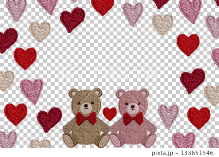 [Friendly teddy bears and heart frame] Hand-embroidered illustration material 133651546