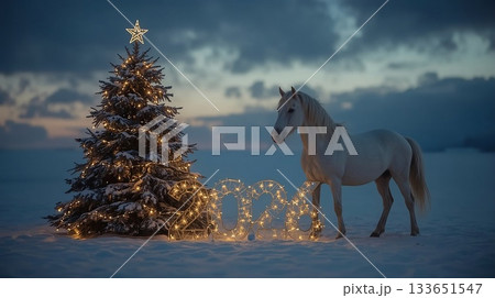 White Horse with Christmas Tree and numbers 2026 in the evening White Horse with Christmas Tree and numbers 2026 in the evening 133651547