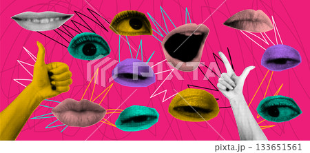 Y2K gossip. Vintage halftone art. Retro face collage. Abstract texture for poster. Speaking mouth. Peeking eye. Doodle sticker. Hand gesture. Graphic smile element. Vector social media garish design Y2K gossip. Vintage halftone art. Retro face collage. Abstract texture for poster. Speaking mouth. Peeking eye. Doodle sticker. Hand gesture. Graphic smile element. Vector social media garish design 133651561