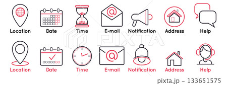 Icons UI. Date and time clock symbols. Business logo design. Sign for UI. Business schedule. Calendar label. Location map GPS pin. Notification megaphone. Interface menu office. Vector elements set 133651575