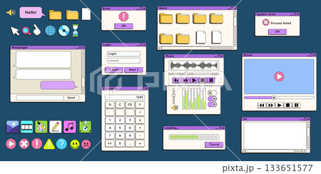 Retro computer interface. Vintage desktop icons. File folders. Chat windows. Login form. Welcome screen. Message dialog. Error notification. Web UI layout. OS menu buttons. Vector old elements set 133651577