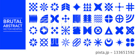 Brutal element. Geometric shape Memphis graphic. Abstract line dot and cross. Retro blue silhouette, minimalism form. Set mosaic isolated objects. Vector trendy vintage collection for garish design 133651592