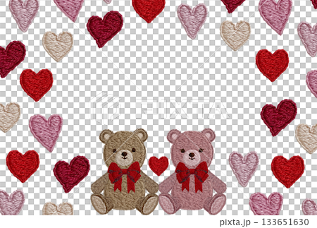 [Friendly teddy bears and heart frame] Hand-embroidered illustration material 133651630