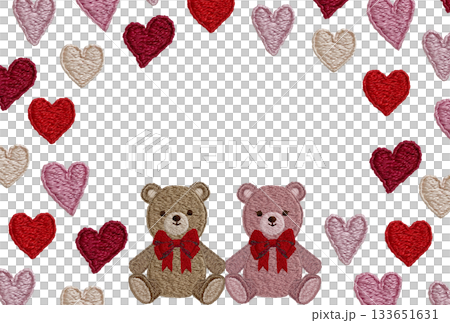 [Friendly teddy bears and heart frame] Hand-embroidered illustration material 133651631
