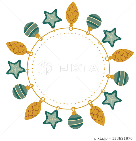 Round frame with Christmas toys. Vintage toys. Christmas round frame with copy space. 133651970