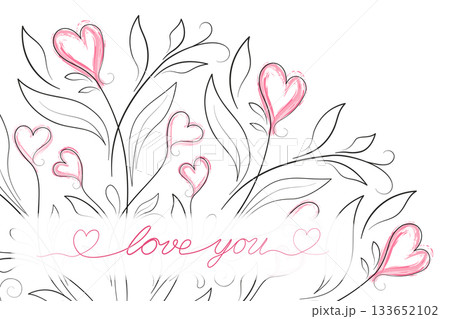 Bouquet of flowers in line art style. Romantic greeting card with flowers and pink hearts. Monochrome graphic floral design of fine curved flowers 133652102