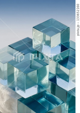 Abstract Composition of Translucent Blue Cubes in a Geometric Arrangement and Modern Style 133652160