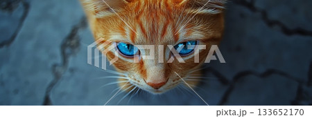 Close-Up of a Ginger Tabby Cat Showcasing Its Striking Blue Eyes Against a Soft Background 133652170