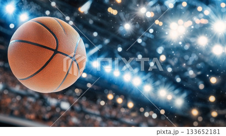 Dynamic Basketball Action Shot Orange Ball in Motion with Blurred Arena Crowd in Background 133652181