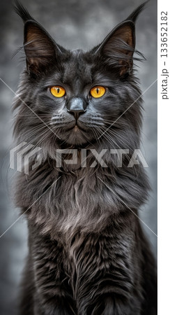 Close-up of a Maine Coon cat with captivating eyes and fluffy coat on a cool gray background 133652182