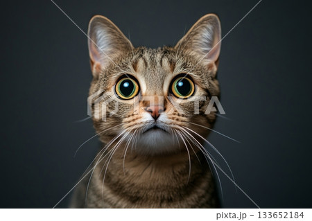 Charming Close-Up of Adorable Short-Legged Tabby Cat Displaying Playful Expression Against Gray Wall 133652184
