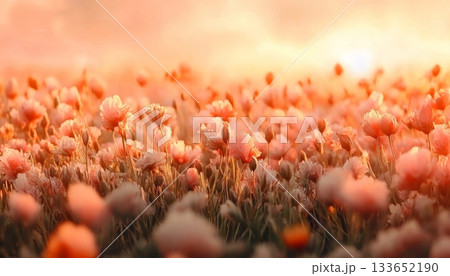 Golden Hour Over a Field of Blush Pink Flowers, Capturing Nature s Beauty in Vibrant Colors 133652190