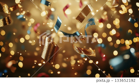 Vibrant Celebration with Colorful Confetti and Ribbons Falling During Festive Midnight Events Vibrant Celebration with Colorful Confetti and Ribbons Falling During Festive Midnight Events 133652192