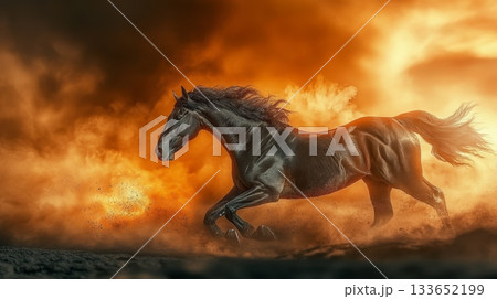 Majestic Black Stallion Galloping Freely Through a Fiery Landscape, Showcasing Strength and Grace Majestic Black Stallion Galloping Freely Through a Fiery Landscape, Showcasing Strength and Grace 133652199