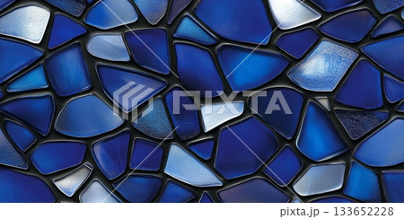 Elegant Mosaic of Iridescent Blue Toned Fragments with Sleek Charcoal Borders, Abstract Design Art 133652228
