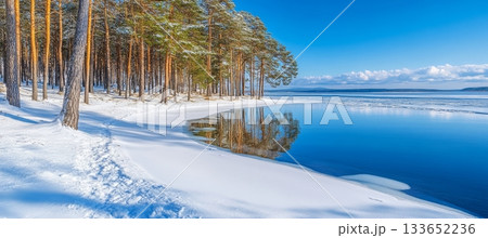 Idyllic Scandinavian Scene of a Serene Frozen Lake Under Beautiful Cloudscapes in Winter Tranquility 133652236