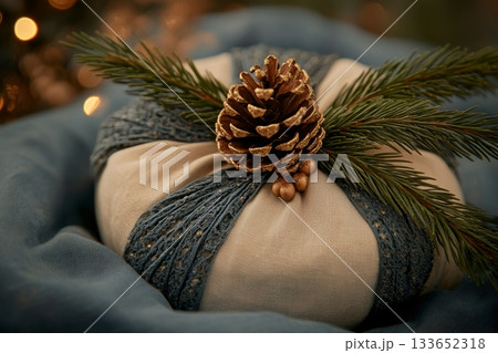 Eco-Friendly Christmas Gift Wrapped in Cloth, Decorated with Pinecone and Sprigs for the Holidays 133652318