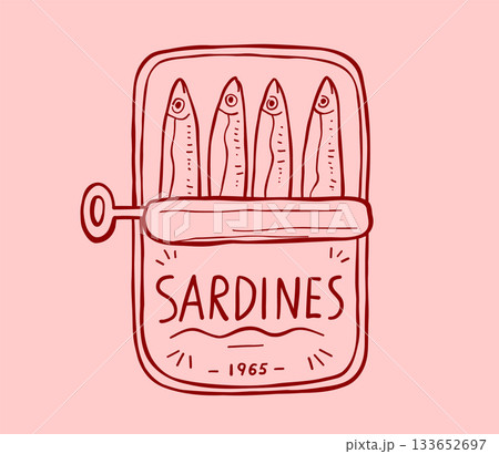 Fish sardines in canned. Linework for modern poster, sticker. Seafood retro pink illustration Fish sardines in canned. Linework for modern poster, sticker. Seafood retro pink illustration 133652697