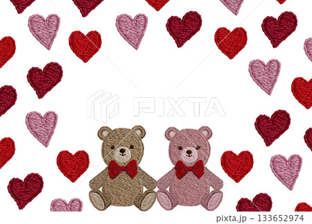 【仲良しテディベアとハートのフレーム】手刺繍イラスト素材 133652974