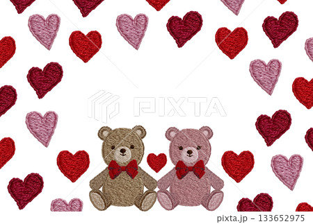 【仲良しテディベアとハートのフレーム】手刺繍イラスト素材 133652975