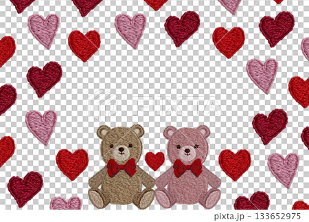 【仲良しテディベアとハートのフレーム】手刺繍イラスト素材 133652975