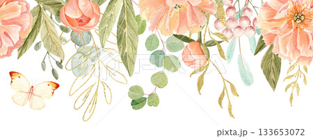 Delicate peonies in soft peach tones watercolor seamless border on white. Hand-painted with detail, perfect for wedding invitations, branding, packaging design, cards. Gold, green leaves, eucaliptus. Delicate peonies in soft peach tones watercolor seamless border on white. Hand-painted with detail, perfect for wedding invitations, branding, packaging design, cards. Gold, green leaves, eucaliptus. 133653072