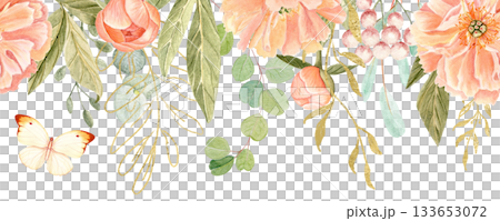 Delicate peonies in soft peach tones watercolor seamless border on white. Hand-painted with detail, perfect for wedding invitations, branding, packaging design, cards. Gold, green leaves, eucaliptus. Delicate peonies in soft peach tones watercolor seamless border on white. Hand-painted with detail, perfect for wedding invitations, branding, packaging design, cards. Gold, green leaves, eucaliptus. 133653072