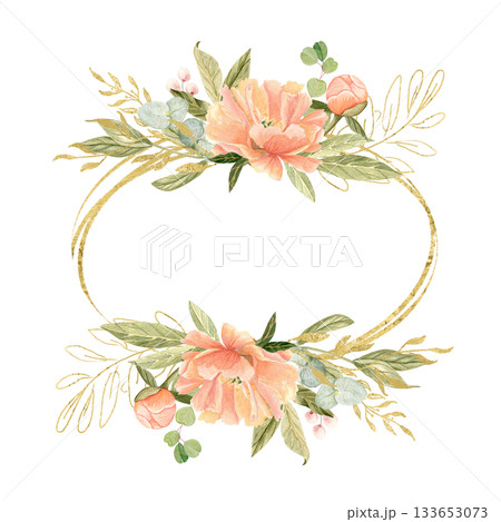 Peony flowers, peach tones, green leaves, berries watercolor frame isolated on white. Hand-painted golden detail, perfect for wedding invitations, branding, packaging, fabric design, cards. Square Peony flowers, peach tones, green leaves, berries watercolor frame isolated on white. Hand-painted golden detail, perfect for wedding invitations, branding, packaging, fabric design, cards. Square 133653073