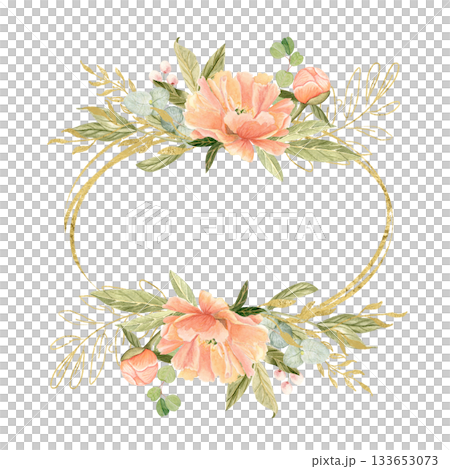Peony flowers, peach tones, green leaves, berries watercolor frame isolated on white. Hand-painted golden detail, perfect for wedding invitations, branding, packaging, fabric design, cards. Square Peony flowers, peach tones, green leaves, berries watercolor frame isolated on white. Hand-painted golden detail, perfect for wedding invitations, branding, packaging, fabric design, cards. Square 133653073