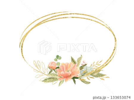 Peony flowers, peach tones, green leaves, berries watercolor frame isolated on white. Hand-painted golden detail, perfect for wedding invitations, branding, packaging, fabric design, cards. Horizontal Peony flowers, peach tones, green leaves, berries watercolor frame isolated on white. Hand-painted golden detail, perfect for wedding invitations, branding, packaging, fabric design, cards. Horizontal 133653074