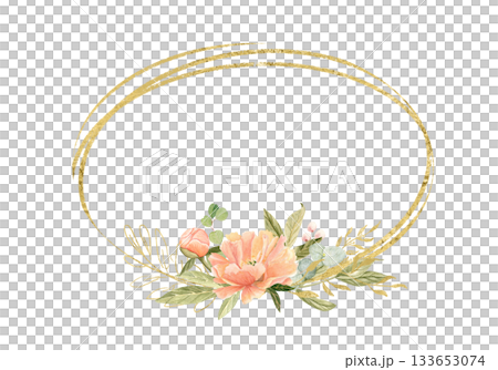 Peony flowers, peach tones, green leaves, berries watercolor frame isolated on white. Hand-painted golden detail, perfect for wedding invitations, branding, packaging, fabric design, cards. Horizontal Peony flowers, peach tones, green leaves, berries watercolor frame isolated on white. Hand-painted golden detail, perfect for wedding invitations, branding, packaging, fabric design, cards. Horizontal 133653074