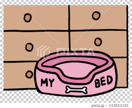 Hand drawn illustration of dog bed and drawers for pet shop, vet, animal, puppy, house, home tour, room design, department store, paw friend, sticker, building, architecture, foster, interior, icon 133653191