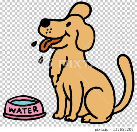 Cute hand drawn illustration of puppy sitting with water bowl for decoration, dog cartoon, characters, comic, pet shop, vet, adopt and rescue animal, foster home, shelter, house, park, yard, playtime 133653209