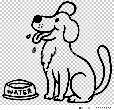 Cute hand drawn outline of puppy sitting with water bowl for decoration, dog cartoon, characters, comic, pet shop, vet, rescue animal, foster home, shelter, house, park, yard, playtime, colouring book Cute hand drawn outline of puppy sitting with water bowl for decoration, dog cartoon, characters, comic, pet shop, vet, rescue animal, foster home, shelter, house, park, yard, playtime, colouring book 133653372