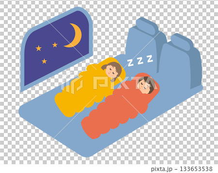 A vector illustration of a parent and child sleeping in a car in a sleeping bag for purposes such as evacuation, saving money, or camping. 133653538