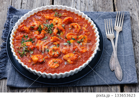 Shrimp in hot tomato sauce with garlic, onion Shrimp in hot tomato sauce with garlic, onion 133653623