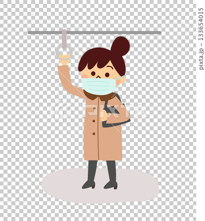 マスクをして吊革につかまる女性 133654015