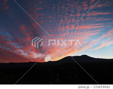 夕焼けに染まった雲の御岳山を柳又ビューポイントから臨む 133654082